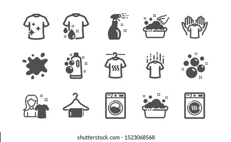 Laundry icons. Dryer, Washing machine and dirt shirt. Laundromat, hand washing, laundry service icons. Classic set. Quality set. Vector