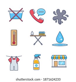 Laundry icons. Dryer, Washing machine and dirt shirt. Laundromat, hand washing, laundry service icons. Classic set. Quality set. Vecto
