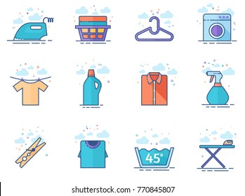 Laundry icons in flat colors style. Vector illustration.