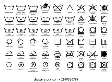 Laundry icons. Garment care instructions on labels, machine wash or hand wash signs. Collection of symbols of water temperature, ironing and drying, types of textiles and fabrics.Vector svg