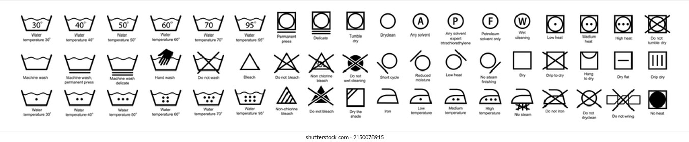 Laundry icons. Garment care instructions on labels, machine wash or hand wash signs. Collection of symbols of water temperature, ironing and drying, types of textiles and fabrics.Vector