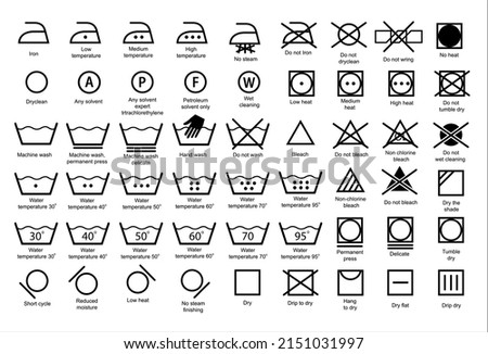 Laundry icons. Garment care instructions on labels, machine wash or hand wash signs. Collection of symbols of water temperature, ironing and drying, types of textiles and fabrics.Vector