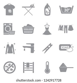 Laundry Icons. Gray Flat Design. Vector Illustration. 