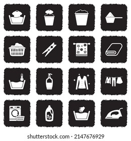 Lavandería Iconos. Diseño plano negro oscuro. Ilustración vectorial.