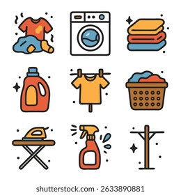 Laundry icons including dirty shirt, washing machine, folded towels, detergent, clothesline, ironing board, spray bottle  suitable for laundry related designs.