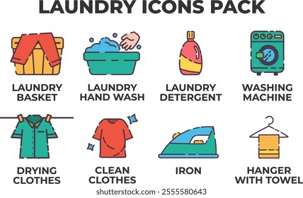 Laundry icons pack. Flat line color icon of set of 8 colorful laundry icons, including basket, detergent, washing machine, drying clothes, clean clothes, iron, and hanger. Ideal for laundry apps.