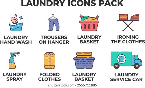 Laundry icons pack. Flat line color icon of a set of eight colorful laundry icons including hand wash, trousers on hanger, baskets, ironing, spray and a laundry service car. 