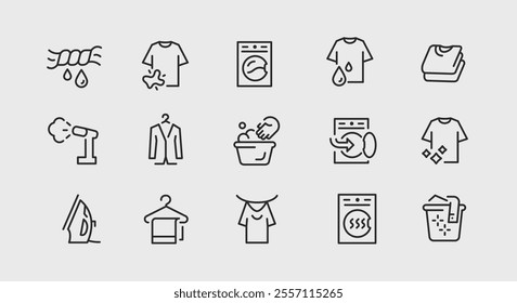 Laundry icons. Set of 15 laundry trendy minimal icons. Stain, washing machine, laundry basket, hand wash, dryer icon. Design signs for web page, mobile app, packaging design. Vector illustration