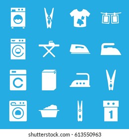 Laundry icons set. set of 16 laundry filled icons such as washing machine, cloth pin, ironing table, iron, photos on rope