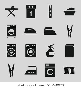 Laundry icons set. set of 16 laundry filled icons such as washing machine, spray bottle, cloth pin, ironing table, iron, laundry, photos on rope