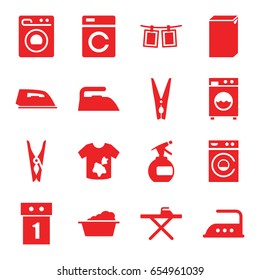 Laundry icons set. set of 16 laundry filled icons such as washing machine, spray bottle, cloth pin, ironing table, iron, photos on rope