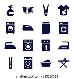 Laundry icons set. set of 16 laundry filled icons such as washing machine, spray bottle, cloth pin, ironing table, iron, photos on rope