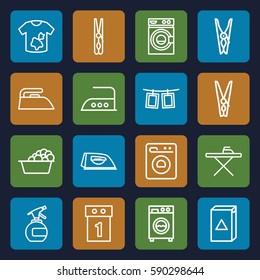 laundry icons set. Set of 16 laundry outline icons such as spray bottle, cloth pin, ironing table, iron, washing machine, photos on rope