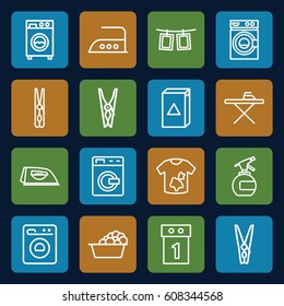 Laundry icons set. set of 16 laundry outline icons such as washing machine, spray bottle, cloth pin, ironing table, iron, photos on rope
