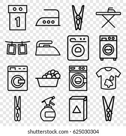 Laundry icons set. set of 16 laundry outline icons such as washing machine, spray bottle, cloth pin, ironing table, iron, photos on rope