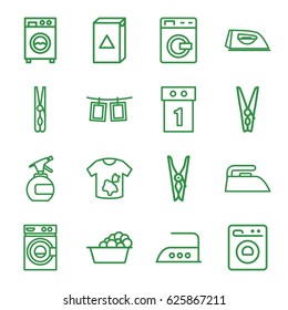 Laundry icons set. set of 16 laundry outline icons such as washing machine, spray bottle, cloth pin, iron, photos on rope