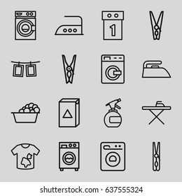 Laundry icons set. set of 16 laundry outline icons such as washing machine, spray bottle, cloth pin, ironing table, iron, photos on rope