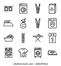Laundry icons set. set of 16 laundry outline icons such as washing machine, spray bottle, cloth pin, ironing table, iron, photos on rope