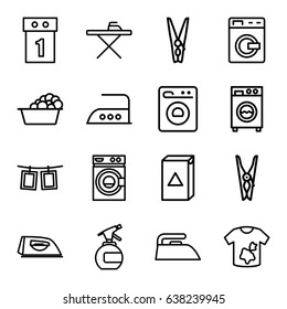 Laundry icons set. set of 16 laundry outline icons such as washing machine, spray bottle, cloth pin, ironing table, iron, photos on rope
