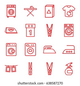 Laundry icons set. set of 16 laundry outline icons such as washing machine, spray bottle, cloth pin, ironing table, iron, dirty laundry, photos on rope