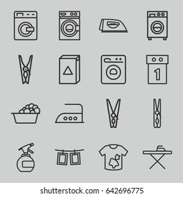 Laundry icons set. set of 16 laundry outline icons such as washing machine, spray bottle, cloth pin, ironing table, iron, photos on rope
