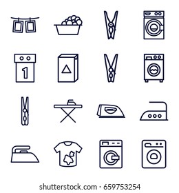 Laundry icons set. set of 16 laundry outline icons such as washing machine, cloth pin, ironing table, iron, photos on rope