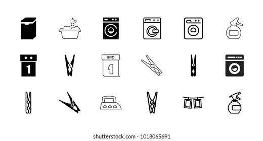Laundry icons. set of 18 editable filled and outline laundry icons: cloth pin, washing machine, washing machine on sale, spray bottle, photos on rope, iron