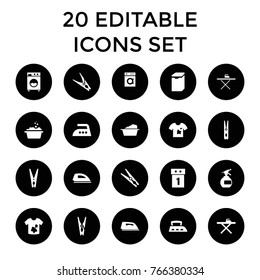 Laundry icons. set of 20 editable filled laundry icons such as spray bottle, cloth pin, ironing table, iron, washing machine on sale