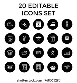 Laundry icons. set of 20 editable filled and outline laundry icons such as ironing table, iron, photos on rope, washing machine, cloth pin