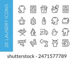 Laundry icons. Set of 20 laundry trendy minimal icons. Stain, washing machine, laundry basket, hand wash, dryer icon. Design signs for web page, mobile app, packaging design. Vector illustration