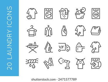 Laundry icons. Set of 20 laundry trendy minimal icons. Stain, washing machine, laundry basket, hand wash, dryer icon. Design signs for web page, mobile app, packaging design. Vector illustration