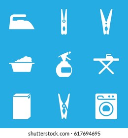 Laundry icons set. set of 9 laundry filled icons such as spray bottle, cloth pin, ironing table, iron, laundry