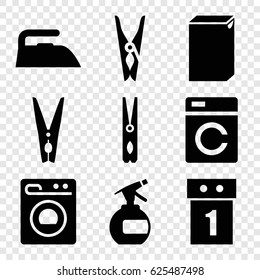 Laundry icons set. set of 9 laundry filled icons such as washing machine, spray bottle, cloth pin, iron