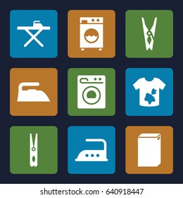 Laundry icons set. set of 9 laundry filled icons such as cloth pin, ironing table, iron, washing machine