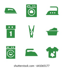 Laundry icons set. set of 9 laundry filled icons such as cloth pin, iron, washing machine