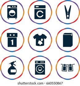 Laundry icons set. set of 9 laundry filled icons such as washing machine, spray bottle, dirty laundry, cloth pin, photos on rope
