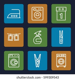 laundry icons set. Set of 9 laundry outline icons such as washing machine, spray bottle, cloth pin, iron, photos on rope