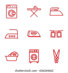 Laundry icons set. set of 9 laundry outline icons such as washing machine, ironing table, iron, laundry, cloth pin
