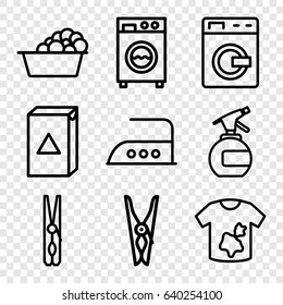 Laundry icons set. set of 9 laundry outline icons such as washing machine, spray bottle, cloth pin