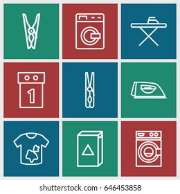 Laundry icons set. set of 9 laundry outline icons such as washing machine, cloth pin, ironing table, iron, dirty laundry