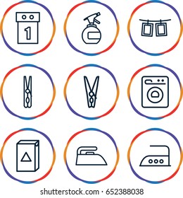 Laundry icons set. set of 9 laundry outline icons such as spray bottle, cloth pin, iron, washing machine, photos on rope