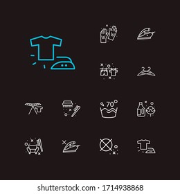 Laundry icons set. Appliance and laundry icons with furniture cleaning, cleaning gloves and water temperature 70 deg. Set of apparel for web app logo UI design.