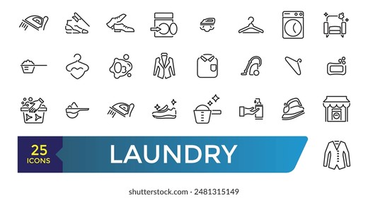 Laundry icons set. Clothes instructions on labels, machine or hand washing icon pack. Collection and pack of linear web and ui icons. Editable stroke.