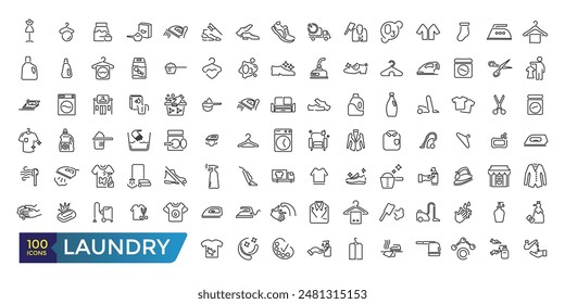 Laundry icons set. Clothes instructions on labels, machine or hand washing icon pack. Collection and pack of linear web and ui icons. Editable stroke.