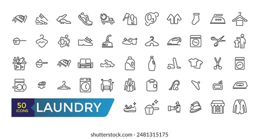 Conjunto de iconos de lavandería. Instrucciones de ropa en etiquetas, lavadora o paquete de iconos de lavado de manos. Colección y paquete de iconos de Web lineal y ui. Trazo editable.