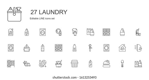 laundry icons set. Collection of laundry with iron, detergent, sponge, washing machine, scoop, cleaning, housekeeping, washing. Editable and scalable laundry icons.