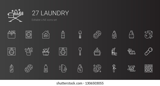 laundry icons set. Collection of laundry with scoop, sponge, detergent, iron, washing machine, housekeeping, cleaning, ironing. Editable and scalable laundry icons.
