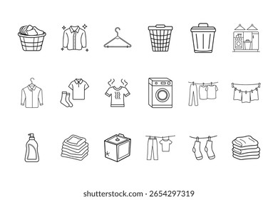 Laundry icons set including washing machine clothes basket detergent bottle Bundle