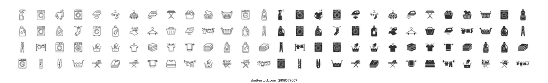 laundry icons set including washing machine, detergent bottle, ironing board, clothes hanger, clothespin, washing basket and related laundry symbols on transparent background