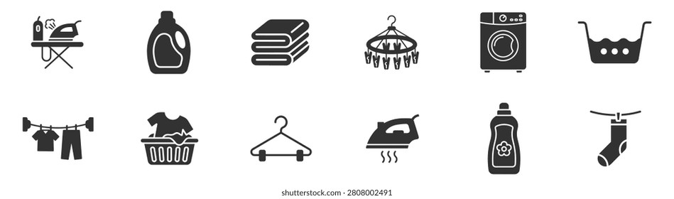 laundry icons set with ironing board detergent towels clothes hanger washing machine basket and clothespin on transparent background